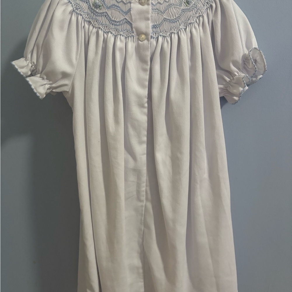 Elegant Cream/pale blue smocked kids Dress - Picture 5 of 6